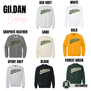 Topeka Athletics Baseball script legacy top Gildan crewneck sweatshirt color options ash grey white graphite heather sand gold sport grey black and forest green with optional custom name number