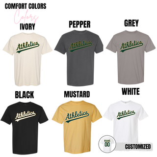 Topeka Athletics Baseball script legacy top Comfort Colors apparel color options ivory pepper grey black mustard and white with Athletics script graphic