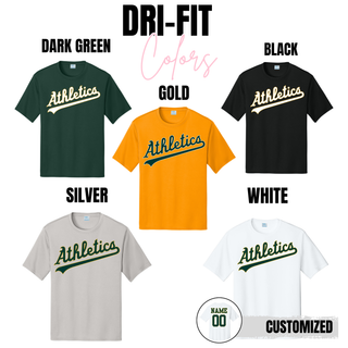 Topeka Athletics Baseball Script Performance Top dri fit athletic shirt color options dark green gold black silver and white with optional custom name and number on back