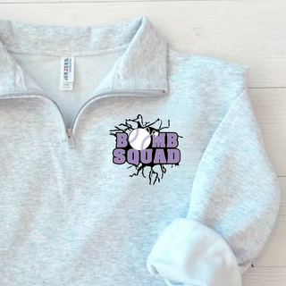Bomb Squad Lavender Softball Logo Cadet Quarter-Zip Pullover in Ash Grey, close-up