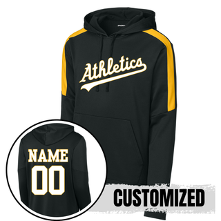 Topeka Athletics Baseball Script Fan Favorite Performance Hoodie black and gold performance hoodie with Athletics script and custom name and number option on back