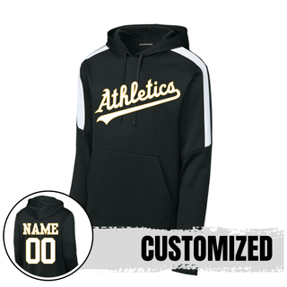 Topeka Athletics Baseball Script Fan Favorite Performance Hoodie black performance hoodie with Athletics script and optional custom name and number on back