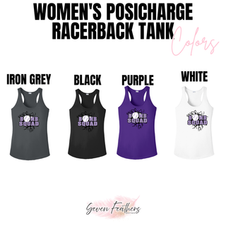 Bomb Squad Lavender Softball Logo Women's PosiCharge Racerback Tank color options: Iron Grey, Black, Purple, and White