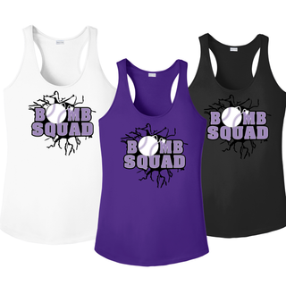 Bomb Squad Lavender Softball Logo Women's PosiCharge Racerback Tank in White, Purple, and Black