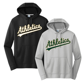 Topeka Athletics Baseball Script Performance Hoodie black and silver performance hoodies with Athletics script logo