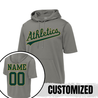 Topeka Athletics Baseball Script Fleece Short Sleeve Hooded Pullover grey fleece short sleeve hoodie with Athletics script and optional custom name and number on back