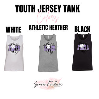 Bomb Squad Lavender Softball Logo Youth Jersey Tank color options: White, Athletic Heather Grey, and Black