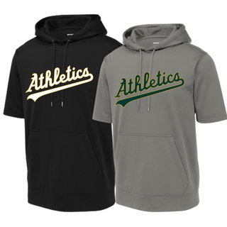 Topeka Athletics Baseball Script Fleece Short Sleeve Hooded Pullover black and grey fleece sleeveless hoodies with Athletics script logo