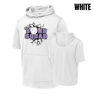 Bomb Squad Lavender Softball Logo Fleece Short Sleeve Hooded Pullover in White, front and back