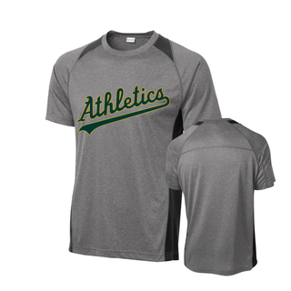 Topeka Athletics Baseball Script Contender Performance Tee grey performance athletic shirt with Athletics script logo front and back view