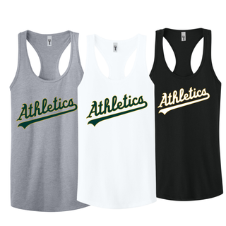 Topeka Athletics Baseball Script Women’s Racerback Tank available in heather grey, black, and white with Athletics script logo