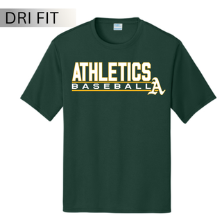 Topeka Athletics Baseball Performance Dri Fit Top dark green athletic shirt with Athletics Baseball graphic and A logo