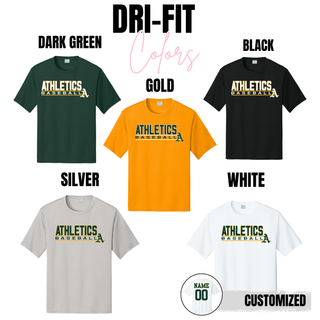 Topeka Athletics Baseball Performance Dri Fit Top moisture wicking athletic shirt available in dark green, gold, black, silver, and white with optional custom name and number on back
