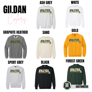 Topeka Athletics Baseball Stacked Dugout Top Gildan crewneck sweatshirt colors including ash grey, white, graphite heather, sand, gold, sport grey, black, and forest green