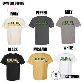 Topeka Athletics Baseball Stacked Dugout Top Comfort Colors tee colors including ivory, pepper, grey, black, mustard, and white with optional custom name and number on back