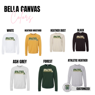 Topeka Athletics Baseball Stacked Dugout Top Bella Canvas sweatshirt colors including white, heather mustard, heather dust, black, ash grey, forest, and athletic heather with optional name and number