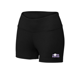 Bomb Squad Lavender Softball Logo Women's Interval Performance Shorts, flat lay in Black