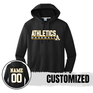 Topeka Athletics Baseball Stacked Dugout Performance Hoodie Top silver performance hoodie with Athletics Baseball stacked graphic and optional custom name and number