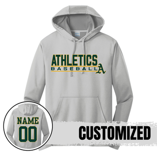 Topeka Athletics Baseball Stacked Dugout Performance Hoodie Top silver performance hoodie with Athletics Baseball stacked graphic and optional custom name and number