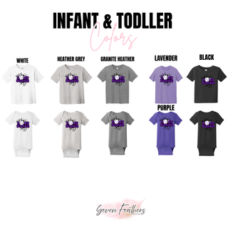 Bomb Squad Purple Softball Logo Top infant and toddler color options: White, Heather Grey, Granite Heather, Lavender, Purple, and Black