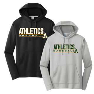 Topeka Athletics Baseball Stacked Dugout Performance Hoodie athletic hoodie featuring Athletics Baseball stacked graphic with A logo