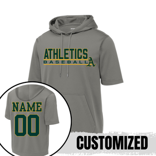 Topeka Athletics Baseball Stacked Dugout Fleece Short Sleeve Hooded Pullover silver hooded short sleeve fleece with Athletics Baseball stacked graphic and optional custom name and number on back