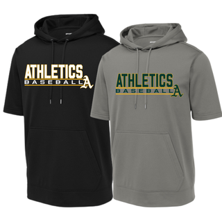 Topeka Athletics Baseball Stacked Dugout Fleece Short Sleeve Hooded Pullover athletic hooded short sleeve fleece featuring Athletics Baseball stacked graphic with A logo