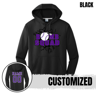 Bomb Squad Purple Softball Logo Performance Fleece Hoodie in Black, with optional back name and number