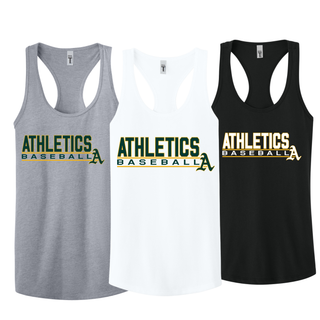 Topeka Athletics Baseball Stacked Dugout women’s racerback tank top in heather grey, white, and black featuring Athletics Baseball graphic with A logo.