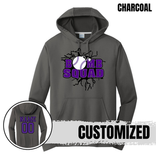Bomb Squad Purple Softball Logo Performance Fleece Hoodie in Charcoal, with optional back name and number