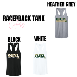Topeka Athletics Baseball Stacked Dugout racerback tank color options showing heather grey, white, and black women’s athletic tank tops with Athletics Baseball graphic.