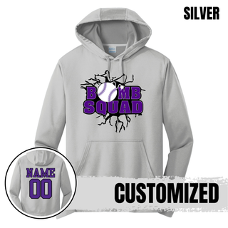 Bomb Squad Purple Softball Logo Performance Fleece Hoodie in Silver, with optional back name and number