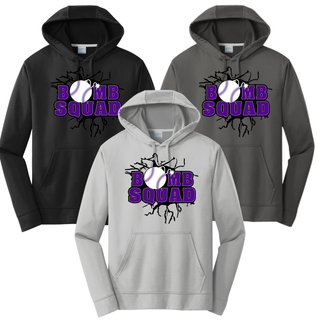 Bomb Squad Purple Softball Logo Performance Fleece Hoodie, color options: Black, Charcoal, and Silver