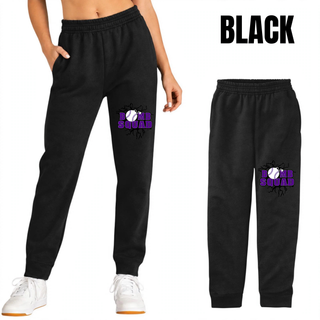 Bomb Squad Purple Softball Logo Core Fleece Joggers in Black, on model and flat lay