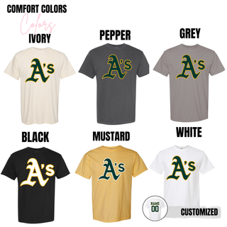 Topeka Athletics Baseball Classic A logo Comfort Colors top color options including ivory, pepper, grey, black, mustard, and white with optional name and number customization.