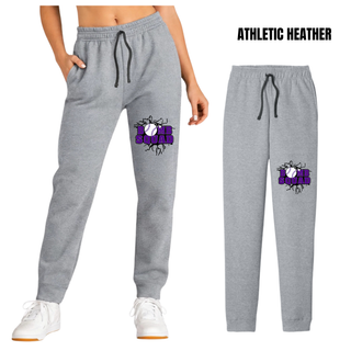 Bomb Squad Purple Softball Logo Core Fleece Joggers in Athletic Heather Grey, on model and flat lay