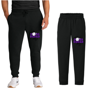Bomb Squad Purple Softball Logo Core Fleece Joggers in Black, on model and flat lay