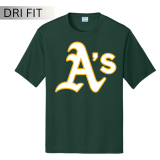 Topeka Athletics Baseball Classic A Logo dri fit performance top in dark green featuring large A’s baseball logo graphic on moisture wicking athletic shirt.