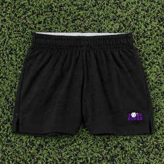 Bomb Squad Purple Softball Logo Jersey Knit Squad Shorts, flat lay in Black