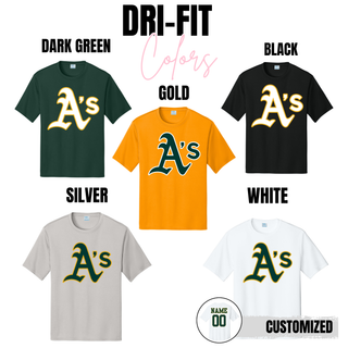 Topeka Athletics Baseball Classic A Logo dri fit performance top color options including dark green, black, gold, silver, and white moisture wicking athletic shirts with optional name and number customization.