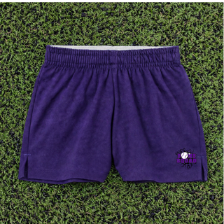 Bomb Squad Purple Softball Logo Jersey Knit Squad Shorts, flat lay in Purple