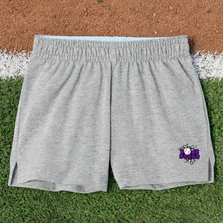 Bomb Squad Purple Softball Logo Jersey Knit Squad Shorts, flat lay in Heather Grey