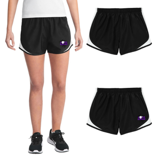 Bomb Squad Purple Softball Logo Women's Cadence Performance Shorts in Black/White, on model and flat lay