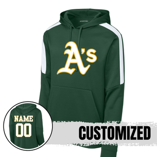 Topeka Athletics baseball custom hoodie green fan favorite hoodie with classic A’s logo and optional name and number on back for Topeka Athletics baseball fans