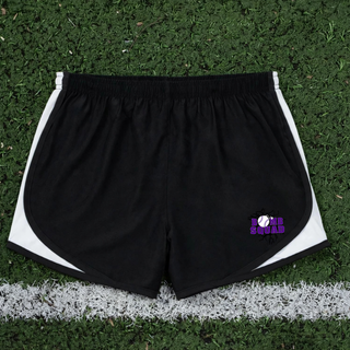 Bomb Squad Purple Softball Logo Women's Cadence Performance Shorts, flat lay in Black/White