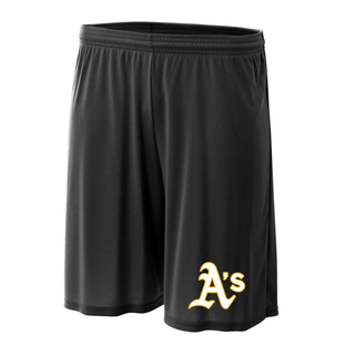 Topeka Athletics baseball performance shorts black athletic shorts featuring classic A’s logo for Topeka Athletics baseball players and fans