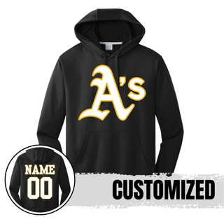 Topeka Athletics baseball custom black performance hoodie with classic A’s logo and optional player name and number on the back for Topeka Athletics baseball fans