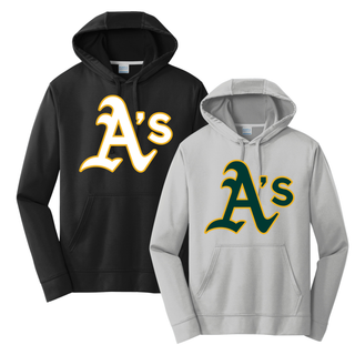 Topeka Athletics baseball performance hoodie featuring classic A’s logo on black athletic hoodie for Topeka Athletics baseball fans and players