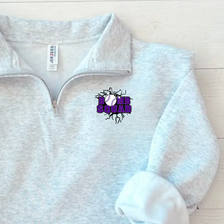 Bomb Squad Purple Softball Logo Cadet Quarter-Zip Pullover, close-up in Ash Grey