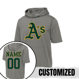 Topeka Athletics baseball custom grey short sleeve hooded pullover with classic A’s logo and optional player name and number on the back for Topeka Athletics baseball fans